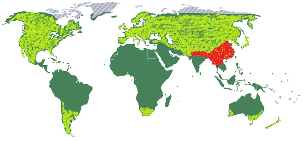 Cartina di diffusione delle orchidee da clima temperato nel mondo (verde chiaro), in rosso la diffusione delle Pleione. Le Pleione, Marco Toffoletti, Orchis 2023, Alao